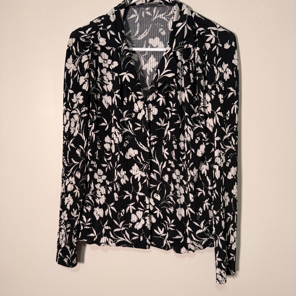 Adrianna Papell Black White Floral Micro Pleat Button Front Blouse Top Womens - Picture 5 of 6